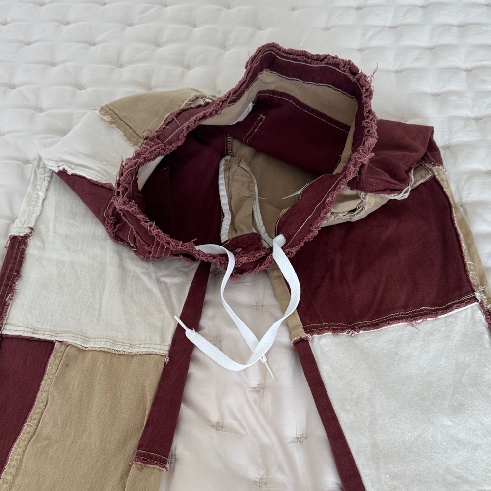 Women’s Patchwork Denim Jeans Wide-Leg Pants in Burgundy, Beige & Ivory size L - Picture 5 of 11